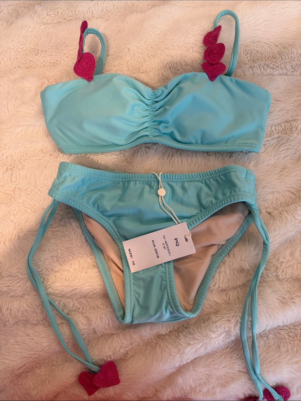 PQ Swim Aqua Girls Two-Piece Bikini with Pink Heart Accents